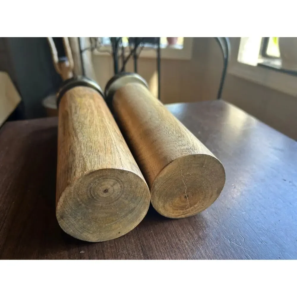 Sagebrook Home taper candle holders natural wood cylinders  brushed metal top